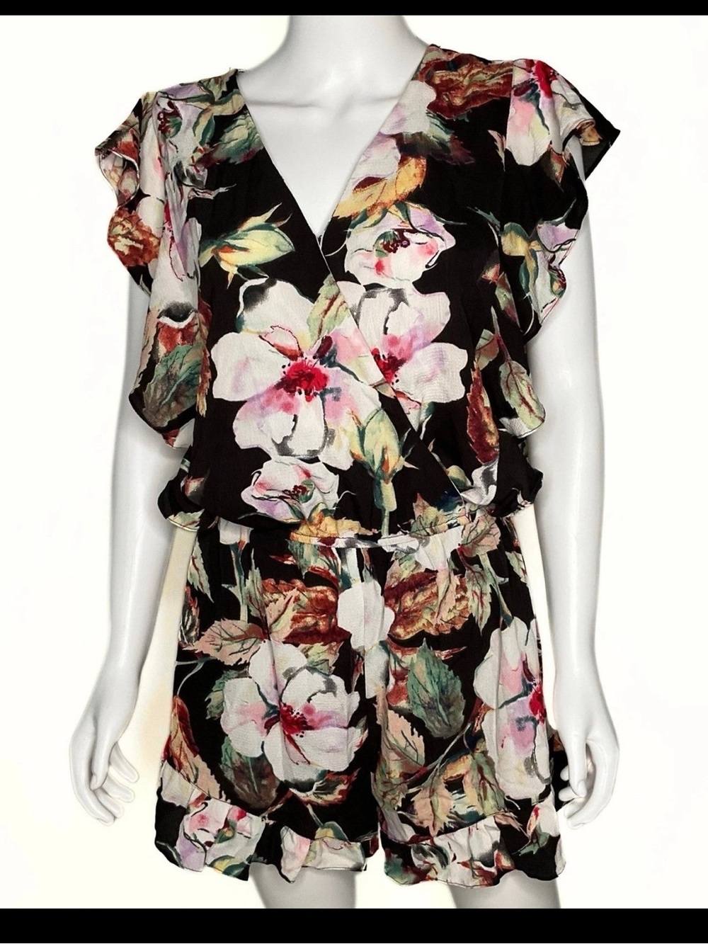 Umgee Black Floral Romper with Pink, Green & Brown Accents